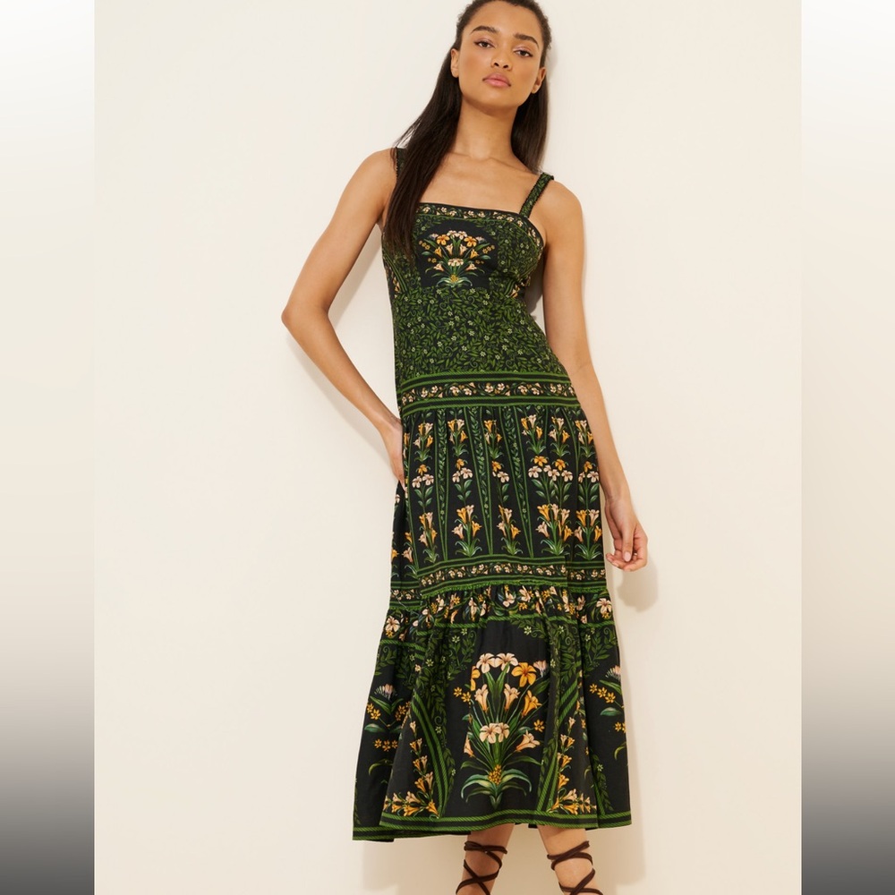 FARM Rio Green Floral Maxi Dress with Yellow Accents